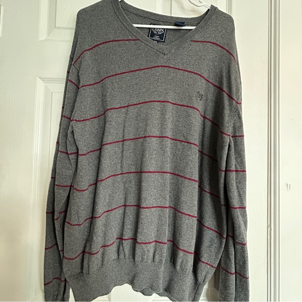 Chaps V-Neck Cashmere Blend Sweater, Size XL, Gray and Burgundy Striped - Picture 11 of 14